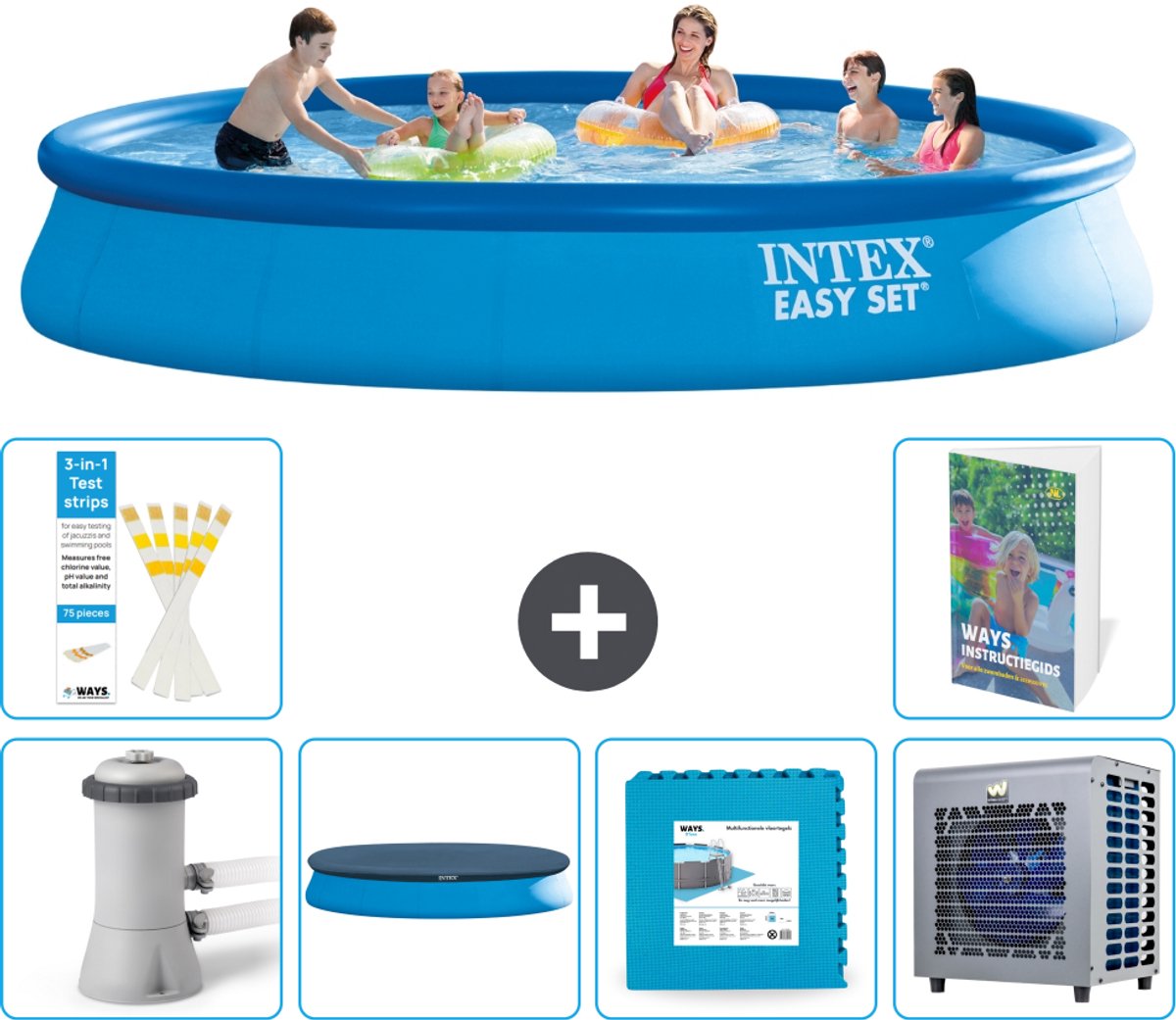 Intex Rond Opblaasbaar Easy Set Zwembad - 457 x 84 cm - Blauw - Inclusief Pomp - Afdekzeil - Vloertegels - Warmtepomp - 7-delig