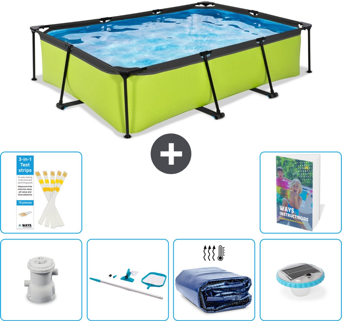 EXIT Rechthoekig Lime Frame Zwembad - 300 x 200 x 65 cm - Inclusief Pomp - Schoonmaakset - Solarzeil - Verlichting - 7-delig