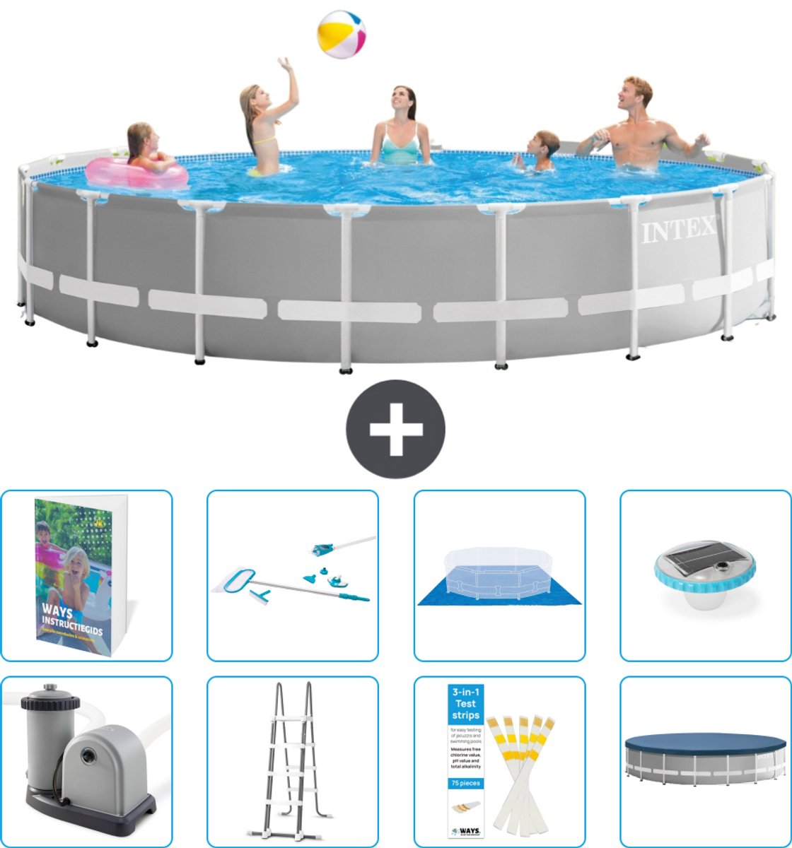 Intex Rond Prism Frame Zwembad - 548 x 122 cm - Grijs - Inclusief Pomp - Ladder - Grondzeil - Afdekzeil - Schoonmaakset - Verlichting - 9-delig