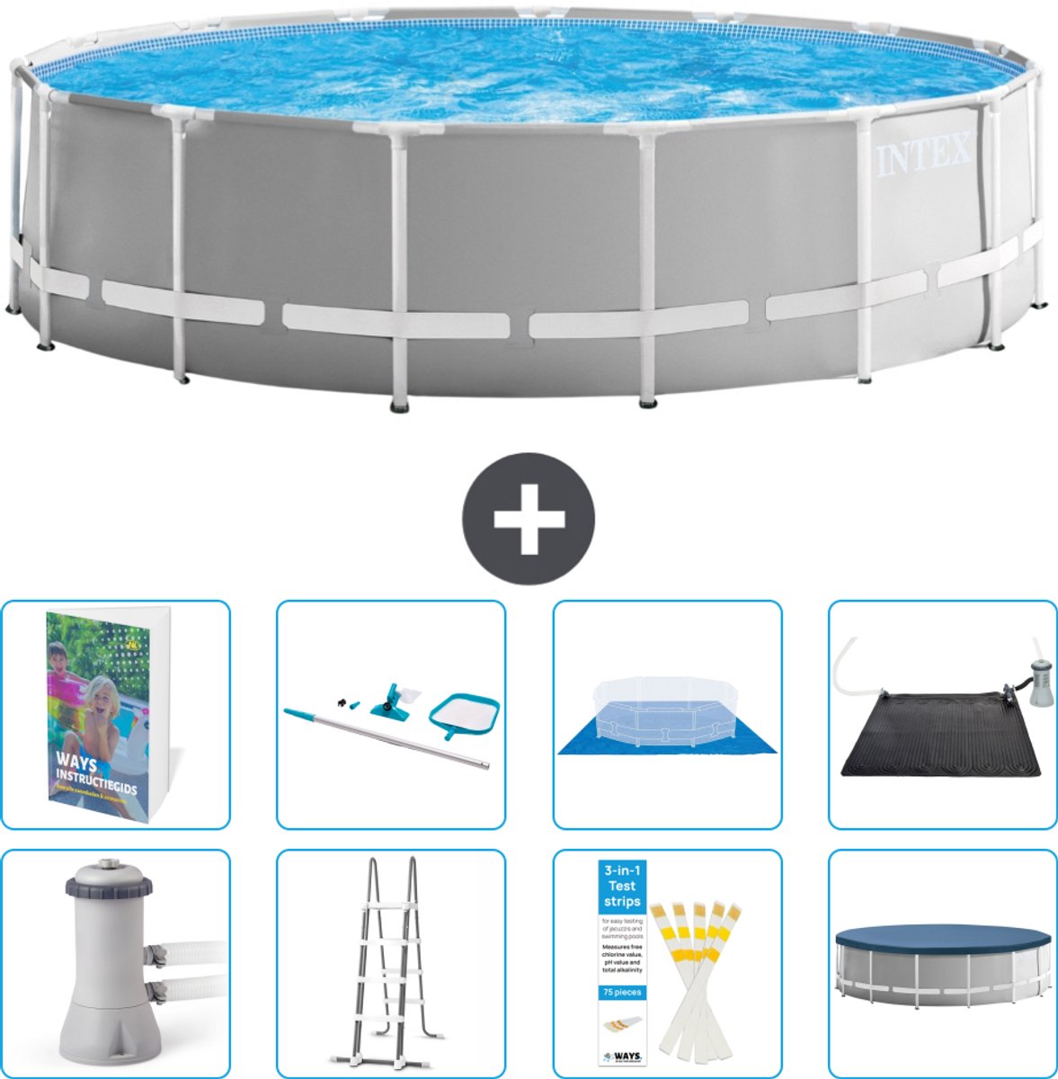 Intex Rond Prism Frame Zwembad - 457 x 122 cm - Grijs - Inclusief Pomp - Ladder - Grondzeil - Afdekzeil - Schoonmaakset - Solar Mat - 9-delig