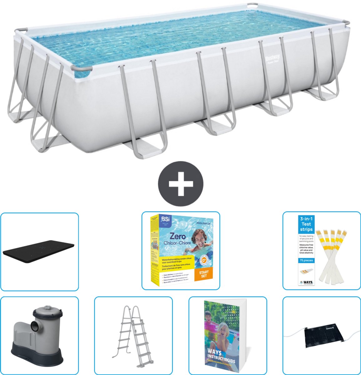 Bestway Rechthoekig Power Steel Zwembad - 549 x 274 x 122 - Grijs - Inclusief Pomp - Ladder - Afdekzeil - Onderhoudspakket - Solar Mat - 8-delig