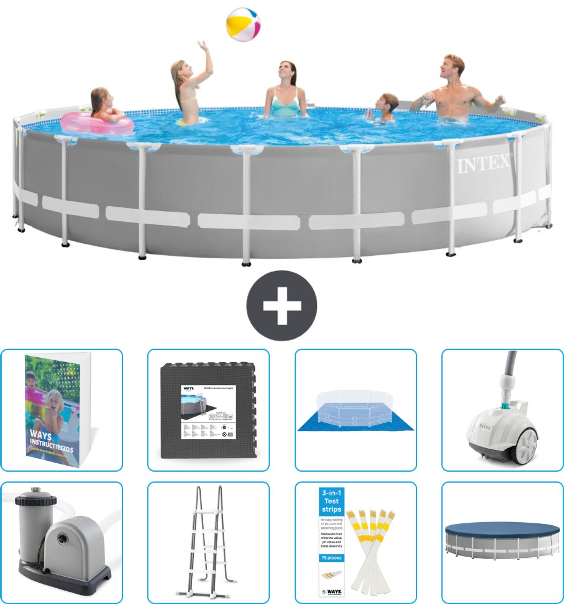 Intex Rond Prism Frame Zwembad - 548 x 122 cm - Grijs - Inclusief Pomp - Ladder - Grondzeil - Afdekzeil - Vloertegels - Stofzuiger - 9-delig