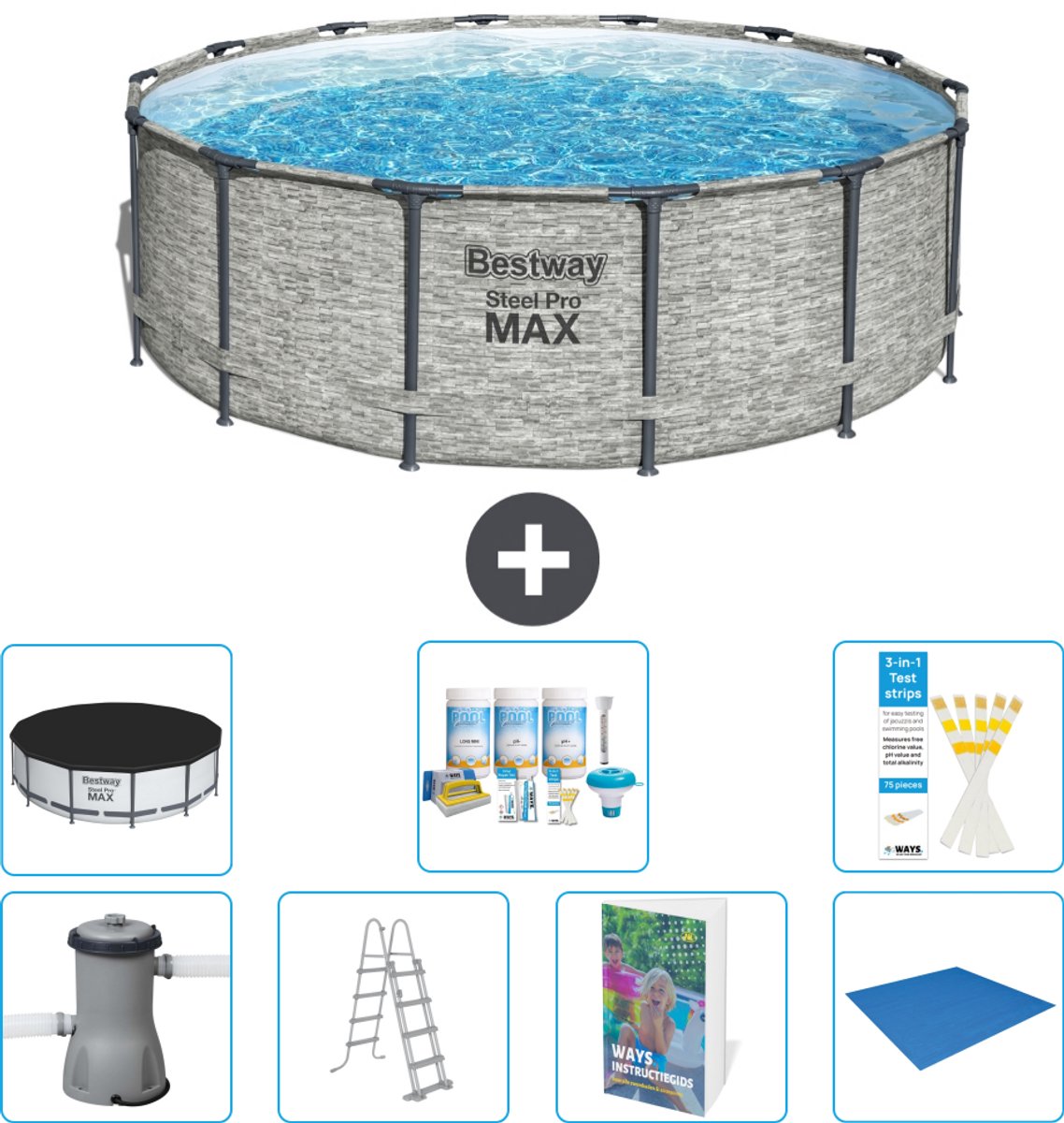 Bestway Rond Steel Pro MAX Zwembad - Steenprint - 427 x 122 cm - Inclusief Pomp - Ladder - Afdekzeil - Onderhoudspakket - Grondzeil - 8-delig