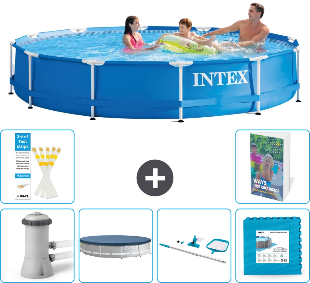 Intex Rond Frame Zwembad - 366 x 76 cm - Blauw - Inclusief Pomp - Afdekzeil - Schoonmaakset - Vloertegels - 7-delig