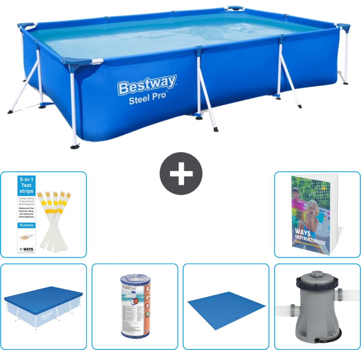 Bestway Rechthoekig Steel Pro Zwembad - 300 x 201 x 66 cm - Blauw - Inclusief Afdekzeil - Filter - Grondzeil - Zwembadfilterpomp - 7-delig