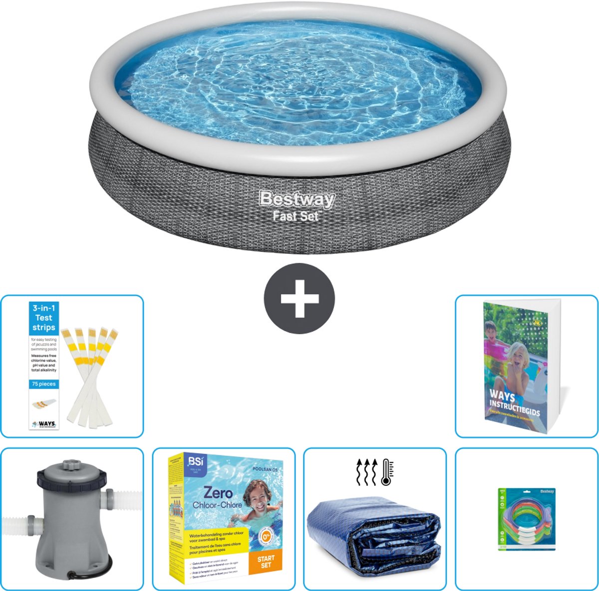Bestway Rond Opblaasbaar Fast Set Zwembad - Rotanprint - 366 x 76 cm - Inclusief Pomp - Onderhoudspakket - Solarzeil - Speelgoed - 7-delig