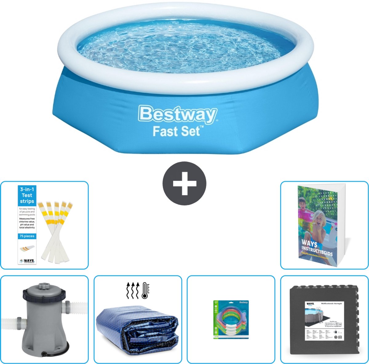 Bestway Rond Opblaasbaar Fast Set Zwembad - 244 x 61 cm - Blauw - Inclusief Pomp - Solarzeil - Speelgoed - Vloertegels - 7-delig