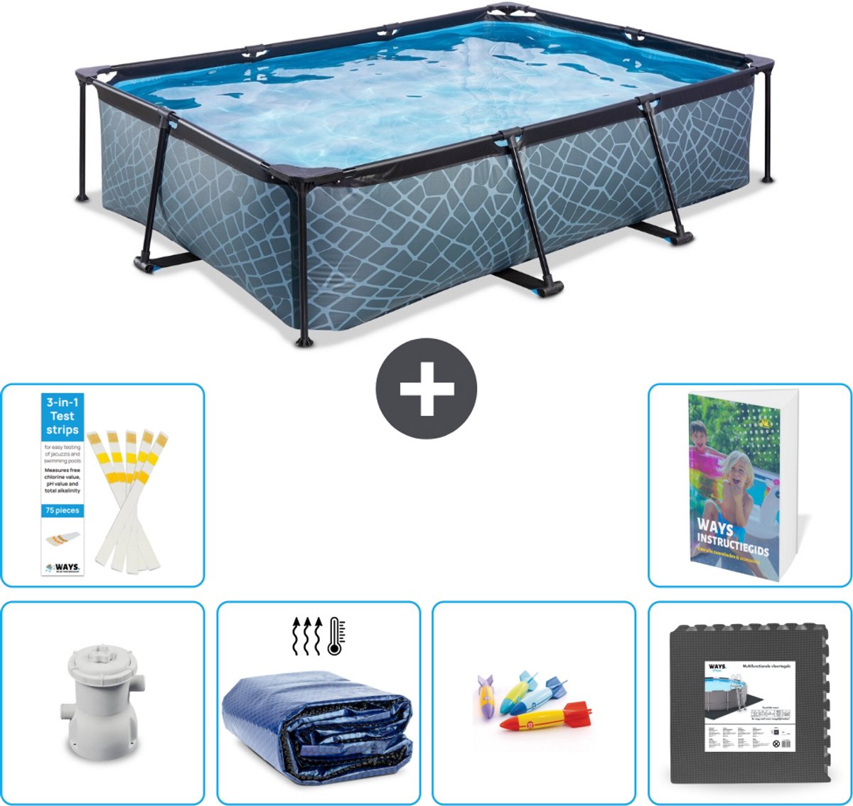EXIT Rechthoekig Stone Frame Zwembad - 300 x 200 x 65 cm - Inclusief Pomp - Solarzeil - Speelgoed - Vloertegels - 7-delig