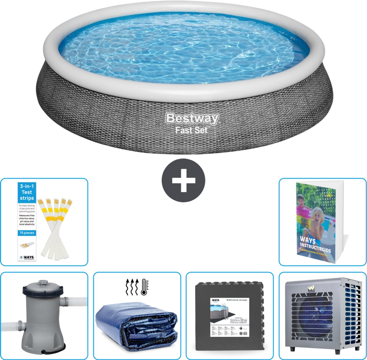 Bestway Rond Opblaasbaar Fast Set Zwembad - Rotanprint - 396 x 84 cm - Inclusief Pomp - Solarzeil - Vloertegels - Warmtepomp - 7-delig