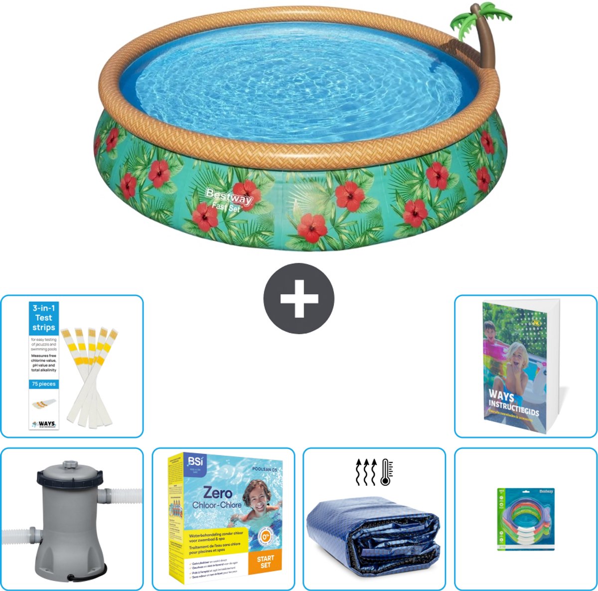 Bestway Rond Opblaasbaar Fast Set Zwembad - Paradijsprint - 457 x 84 cm - Inclusief Pomp - Onderhoudspakket - Solarzeil - Speelgoed - 7-delig