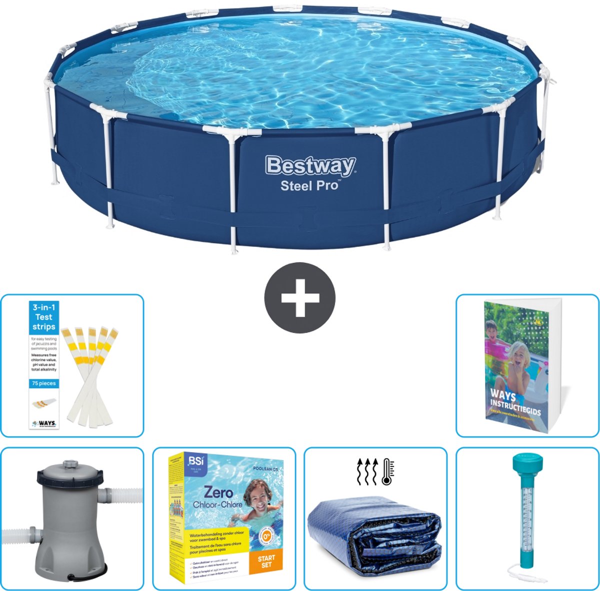 Bestway Rond Steel Pro Zwembad - 396 x 84 cm - Blauw - Inclusief Pomp - Onderhoudspakket - Solarzeil - Thermometer - 7-delig