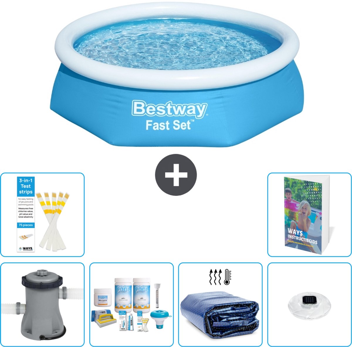 Bestway Rond Opblaasbaar Fast Set Zwembad - 244 x 61 cm - Blauw - Inclusief Pomp - Onderhoudspakket - Solarzeil - Verlichting - 7-delig