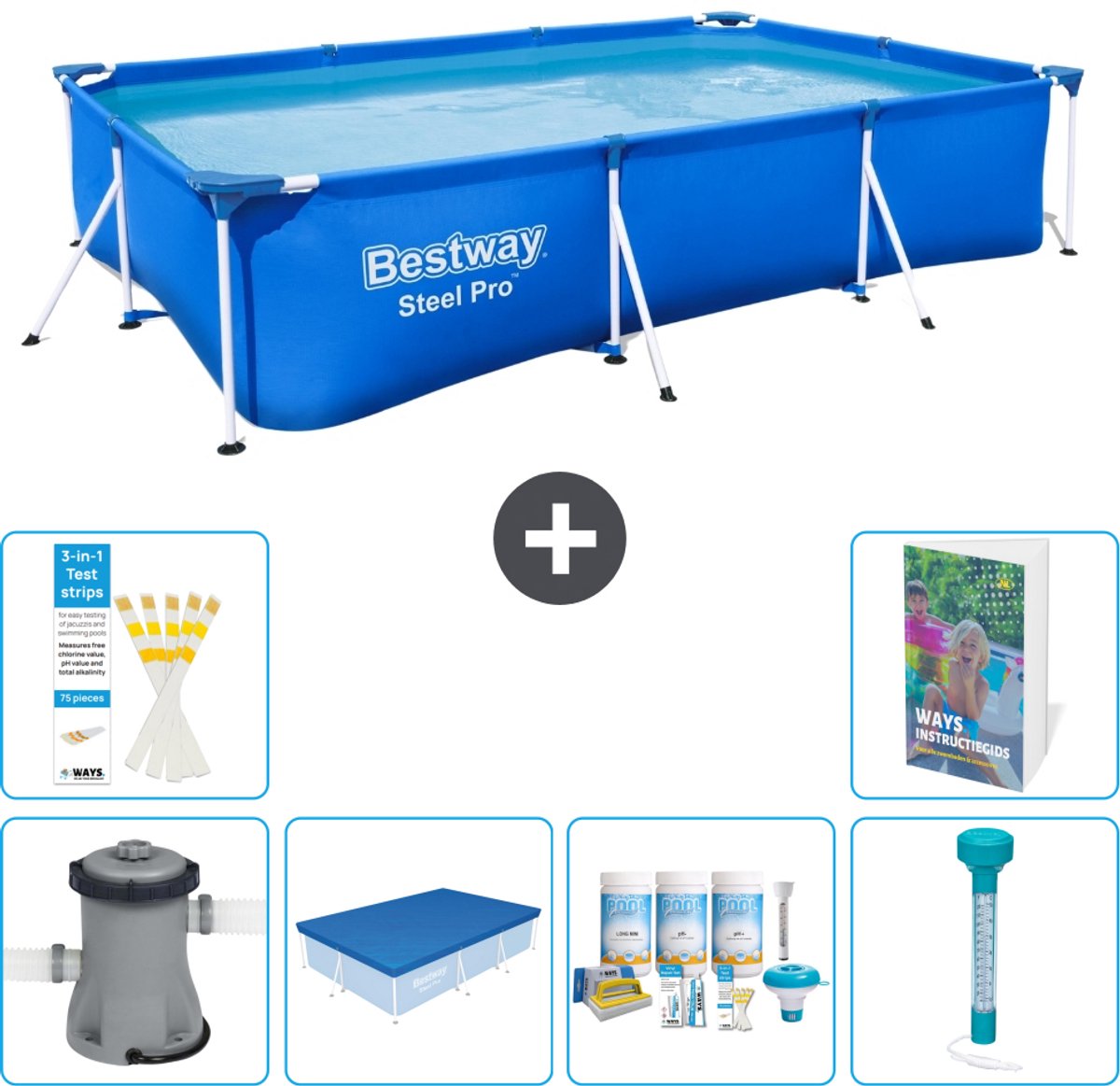 Bestway Rechthoekig Steel Pro Zwembad - 300 x 201 x 66 cm - Blauw - Inclusief Pomp - Afdekzeil - Onderhoudspakket - Thermometer - 7-delig