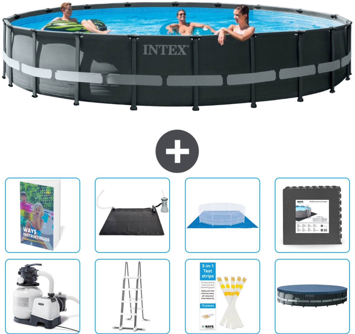 Intex Rond Ultra XTR Frame Zwembad - 610 x 122 cm - Inclusief Pomp - Ladder - Grondzeil - Afdekzeil - Solar Mat - Vloertegels - 9-delig