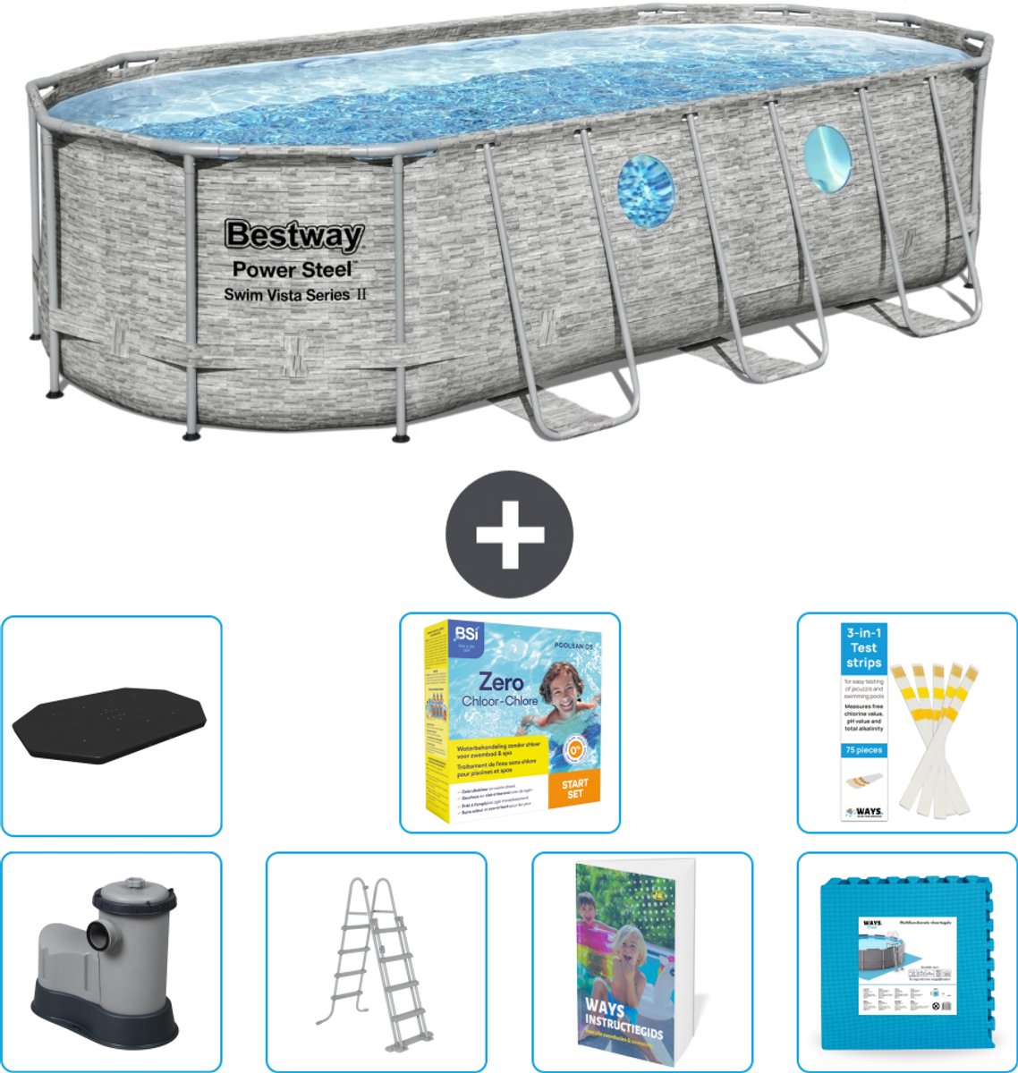 Bestway Ovaal Power Steel Swim Vista Zwembad - Steenprint - 549 x 274 x 122 - Inclusief Pomp - Ladder - Afdekzeil - Onderhoudspakket - Vloertegels - 8-delig