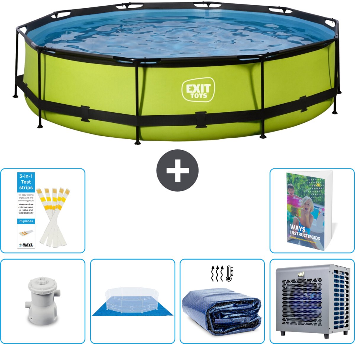 EXIT Rond Lime Frame Zwembad - 360 x 76 cm - Inclusief Pomp - Grondzeil - Solarzeil - Warmtepomp - 7-delig