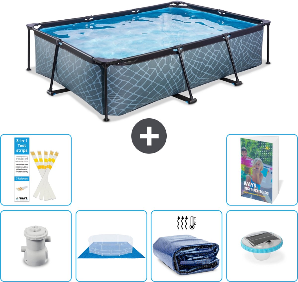 EXIT Rechthoekig Stone Frame Zwembad - 300 x 200 x 65 cm - Inclusief Pomp - Grondzeil - Solarzeil - Verlichting - 7-delig