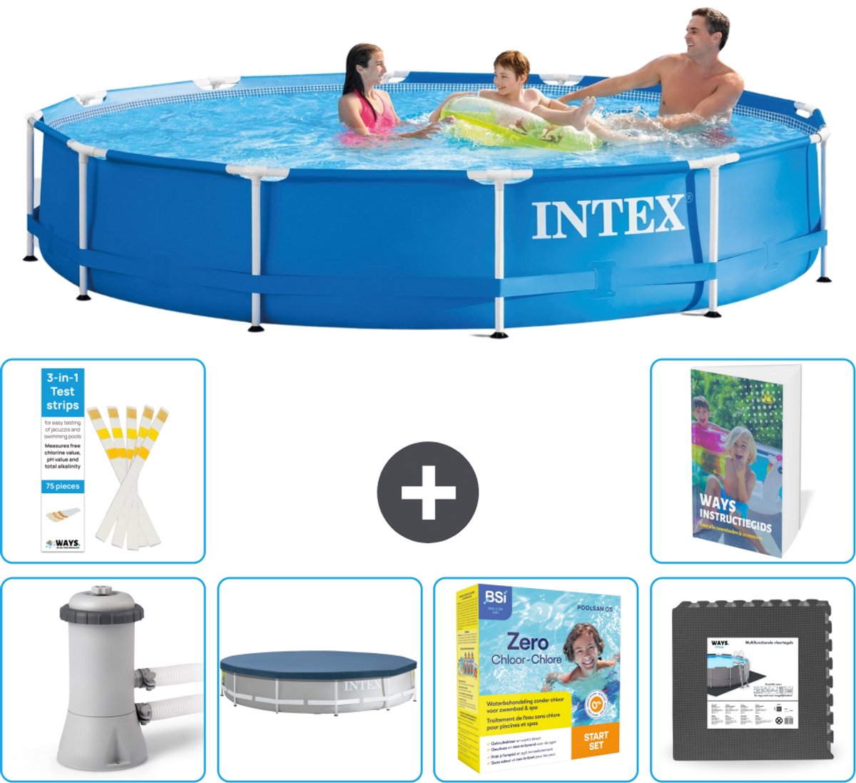 Intex Rond Frame Zwembad - 366 x 76 cm - Blauw - Inclusief Pomp - Afdekzeil - Onderhoudspakket - Vloertegels - 7-delig