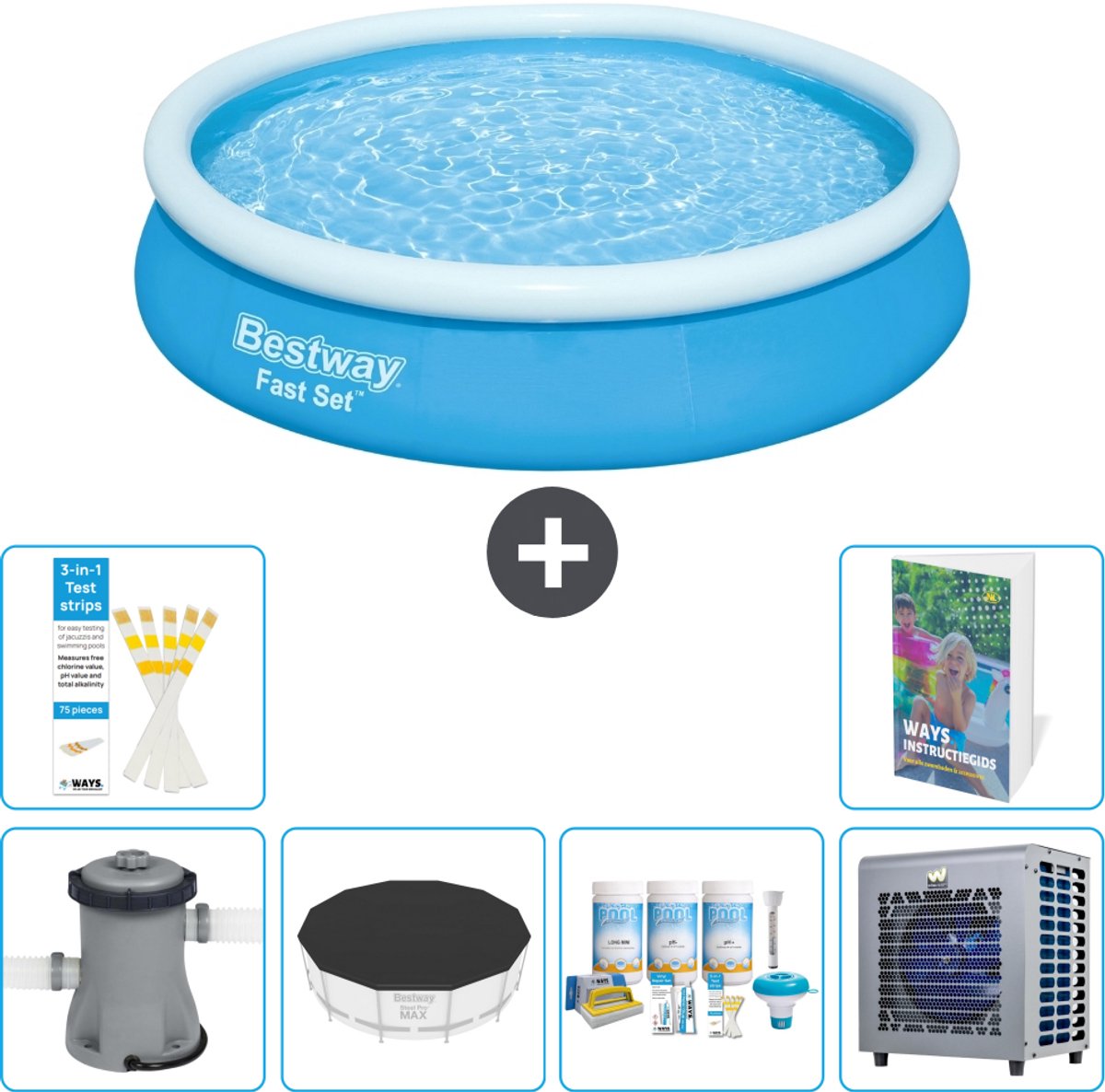 Bestway Rond Opblaasbaar Fast Set Zwembad - 366 x 76 cm - Blauw - Inclusief Pomp - Afdekzeil - Onderhoudspakket - Warmtepomp - 7-delig