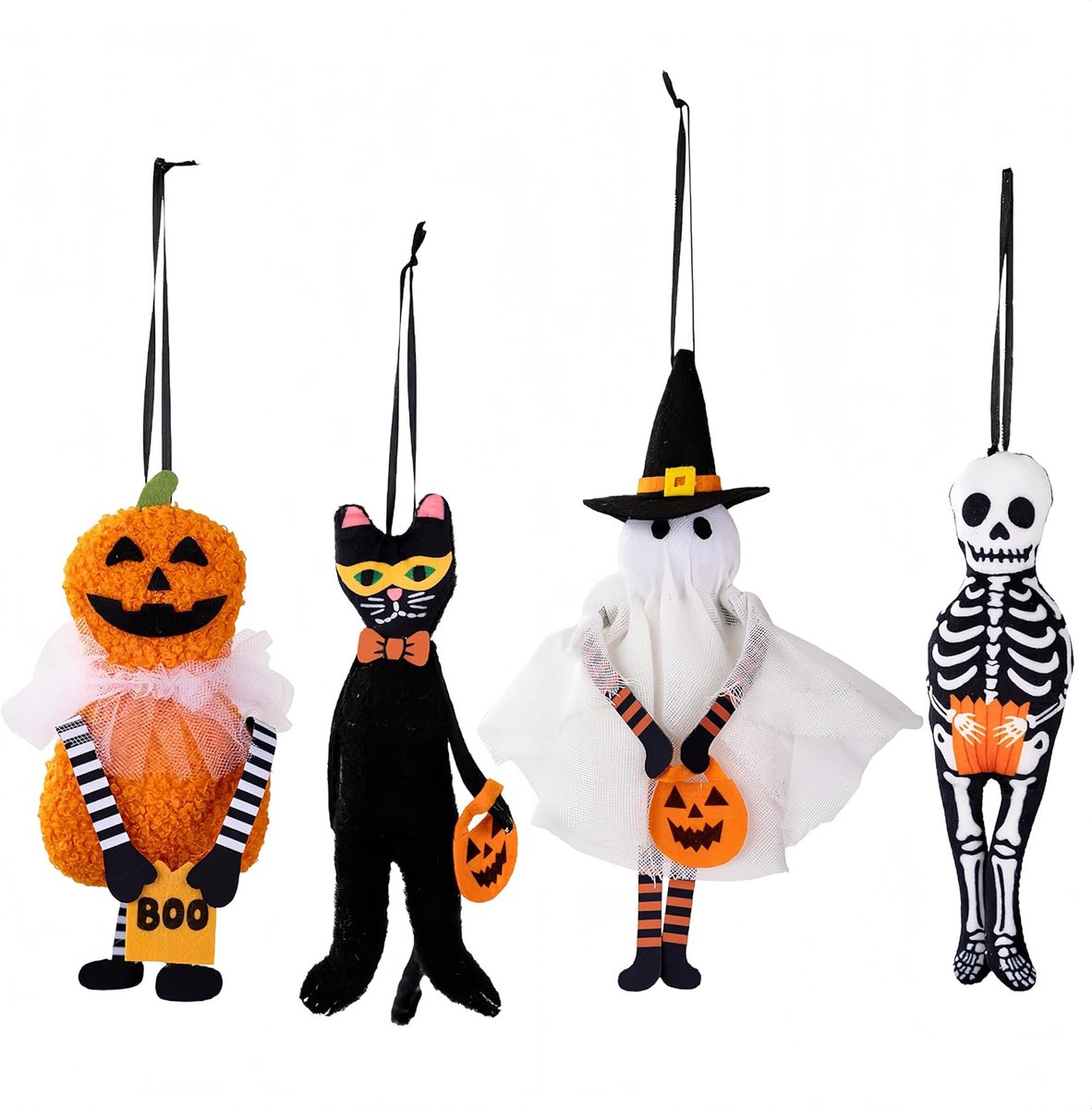 4-delige Halloween Decoratieset - Hangende Ornamenten,Spookachtige Feestversiering met Pompoenen,Zwarte Katten,Geesten en Skeletten. Perfect voor Thuis en Feesten