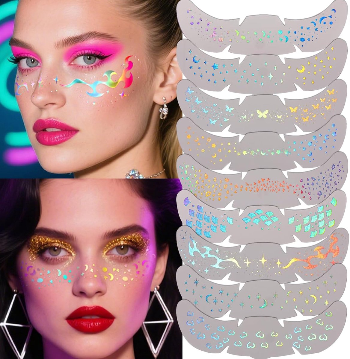 9 stuks holografische multichrome glitter zomerbruine gezichtstatoeages, waterdicht glitter gezichtspleisters voor vrouwen, glimmende tijdelijke tatoeages voor rave