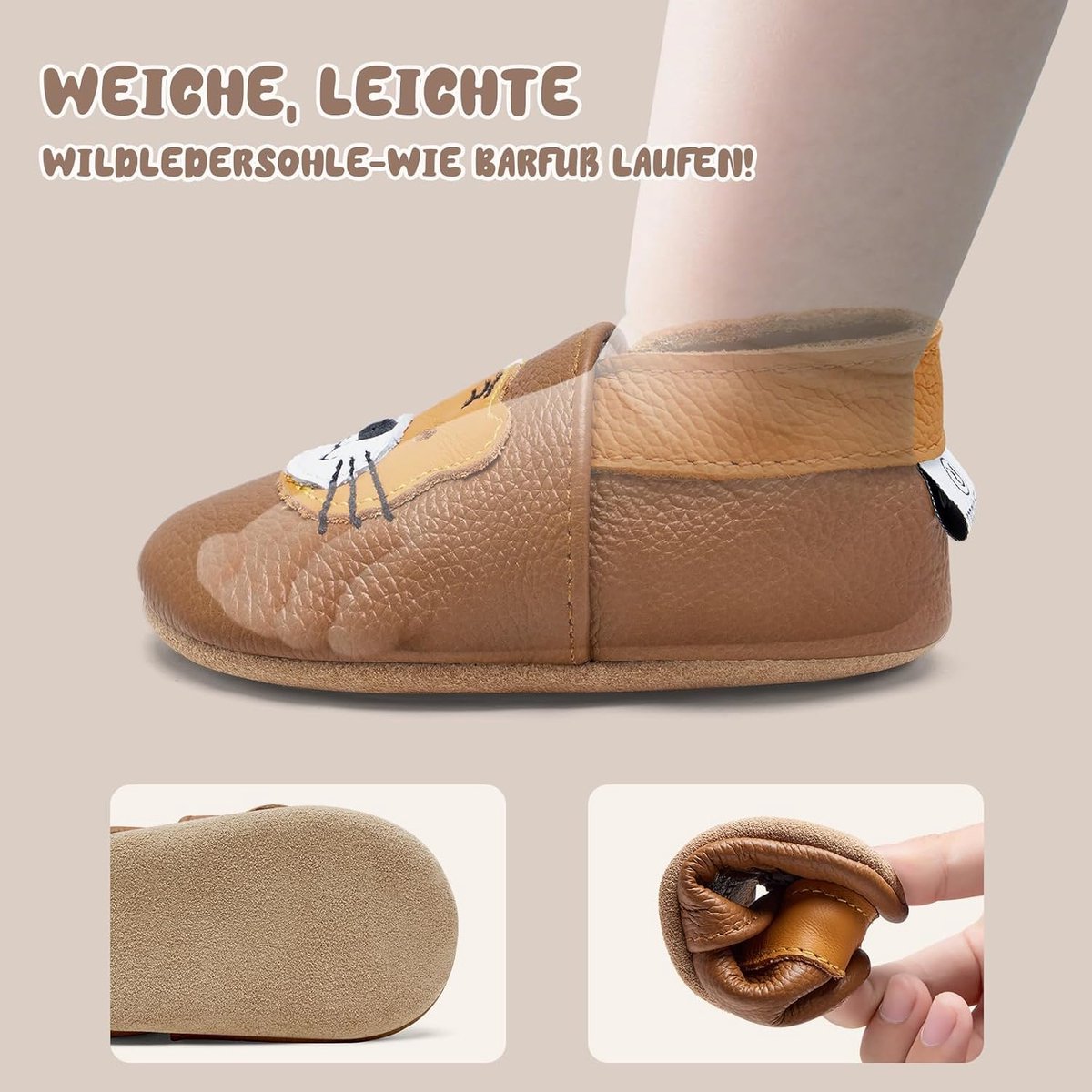 Kruipschoenen Baby Slofjes Eerste Babyschoentjes Jongens Meisjes Zacht Leer Zooltjes Babyslofjes(Tawny Tijger, 12-18 maanden)