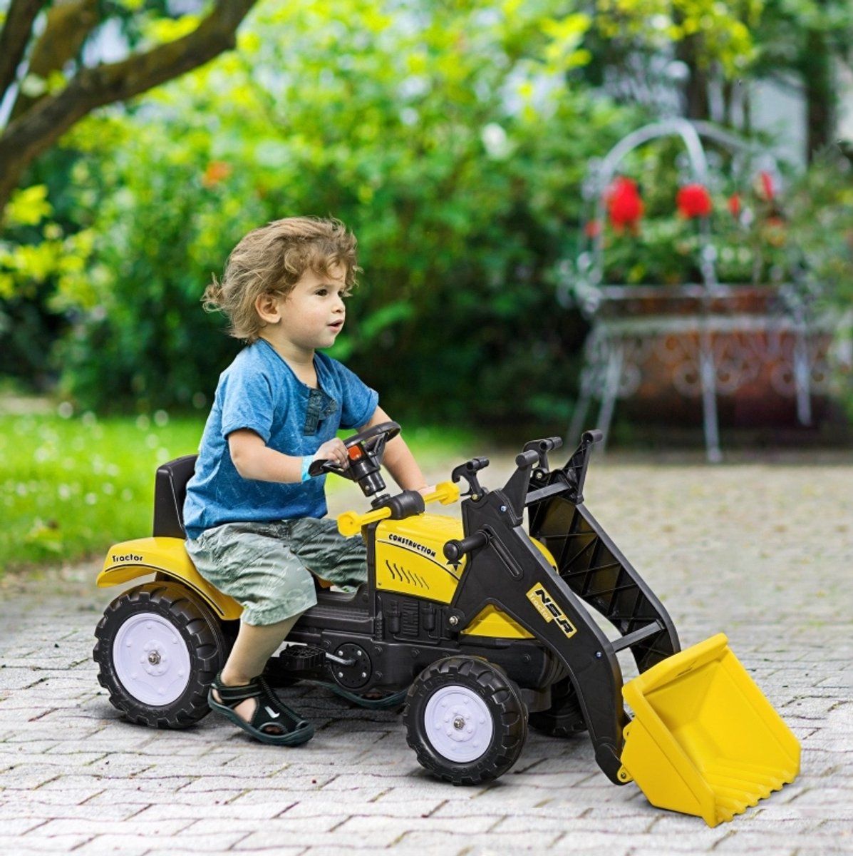 Kinder wiellader 114 x 41 x 52 cm geel zwart, met beweegbare schep en pedalen