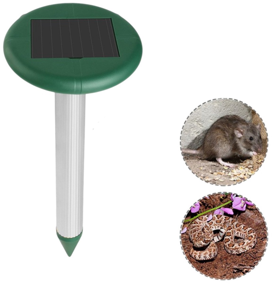 Groene, op zonne-energie werkende knaagdierverjager - Sonische knaagdierverjager voor slangen en ratten - Geschikt voor terrassen, tuinen en buitengebruik - 15,5*15,5*32,5 cm