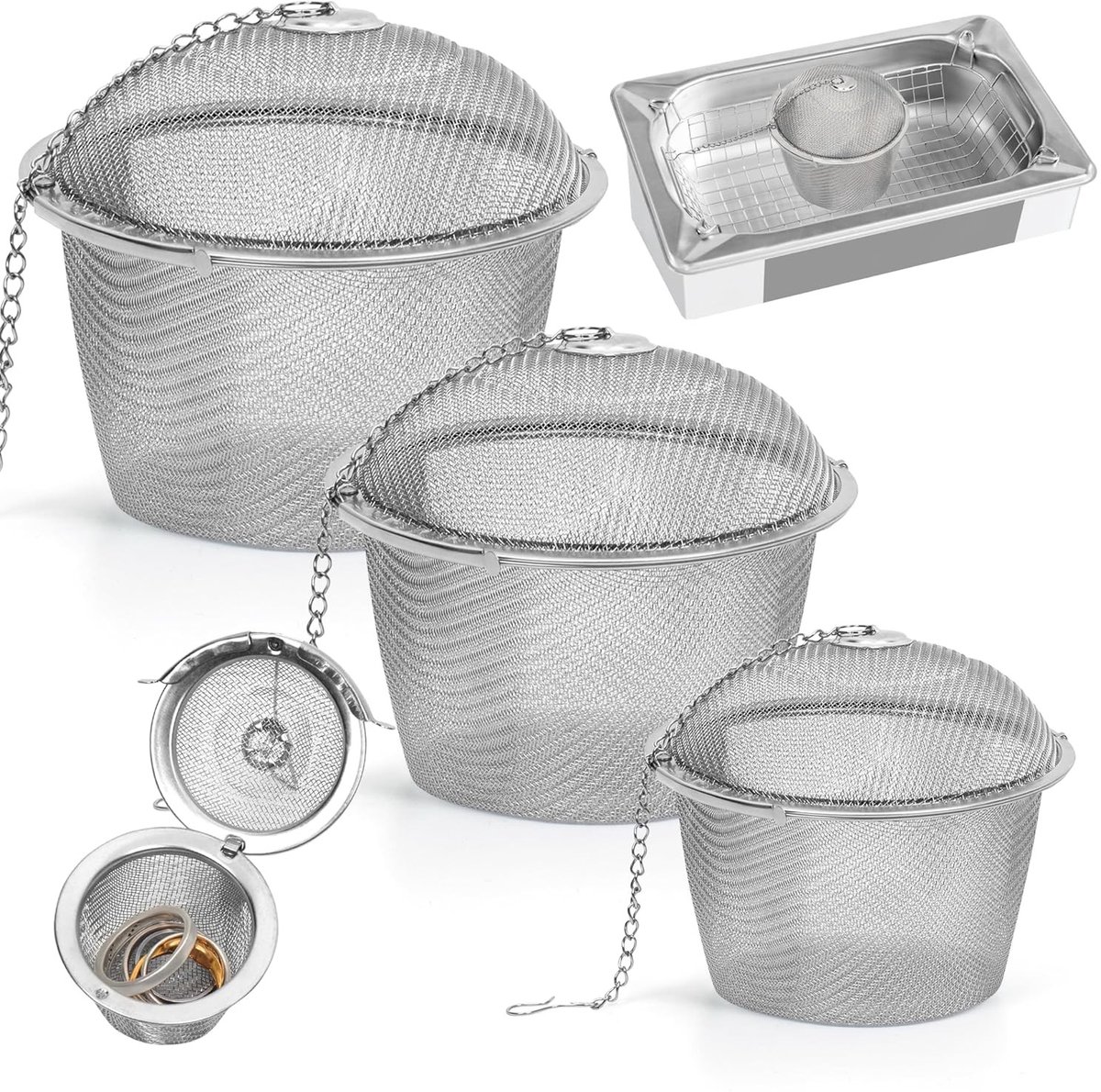 Ultrasone Reinigingsmandjes Set - Roestvrijstaal - 3 Maten met Ketting - Voor Sieraden en Horloges