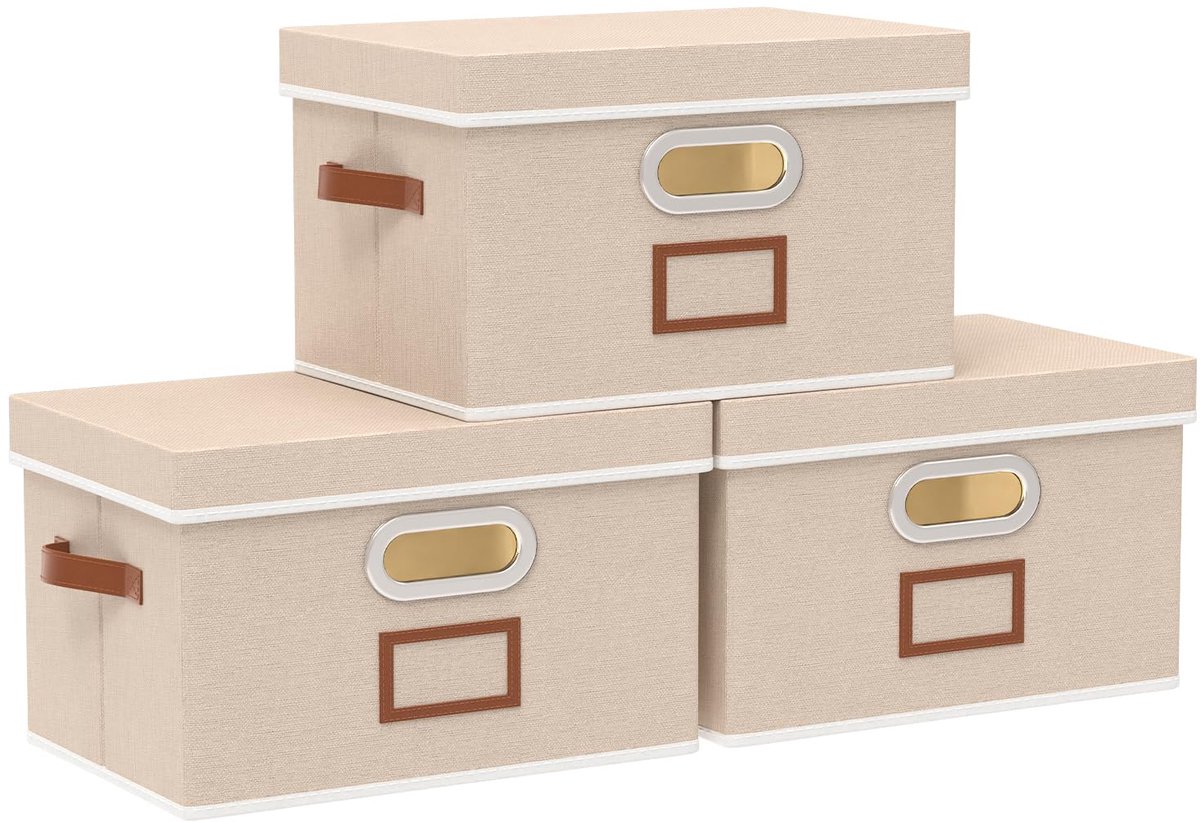 Opbergboxen Set - 3 Stuks - Stoffen Opbergmanden met Deksel en Handgrepen - Vouwbare Kubus Organizer - Decoratieve Opbergdozen voor Kast, Planken en Kledingkast - 32 x 23 x 20 cm - Beige
