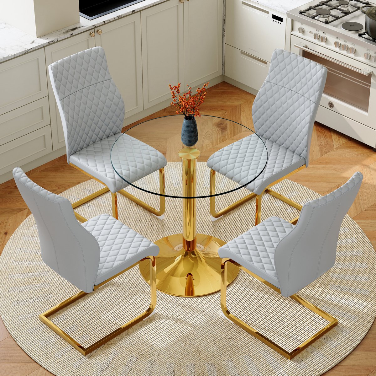 REDOM - Set tafel en stoelen - Ronde glazen eettafel - Gouden metalen onderstel - 4 eetkamerstoelen - Modern - Eetkamer - Metaal en kunststof - Goud, Lichtgrijs, Transparant - 85 x 76 cm