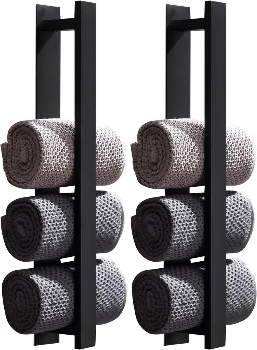 Handdoekhouder voor wandmontage, set van 2, roestvrij staal, zwart, voor badkamer, verticale handdoekopberger zonder boren, mat zwarte gastendoekhouder, badkameraccessoires