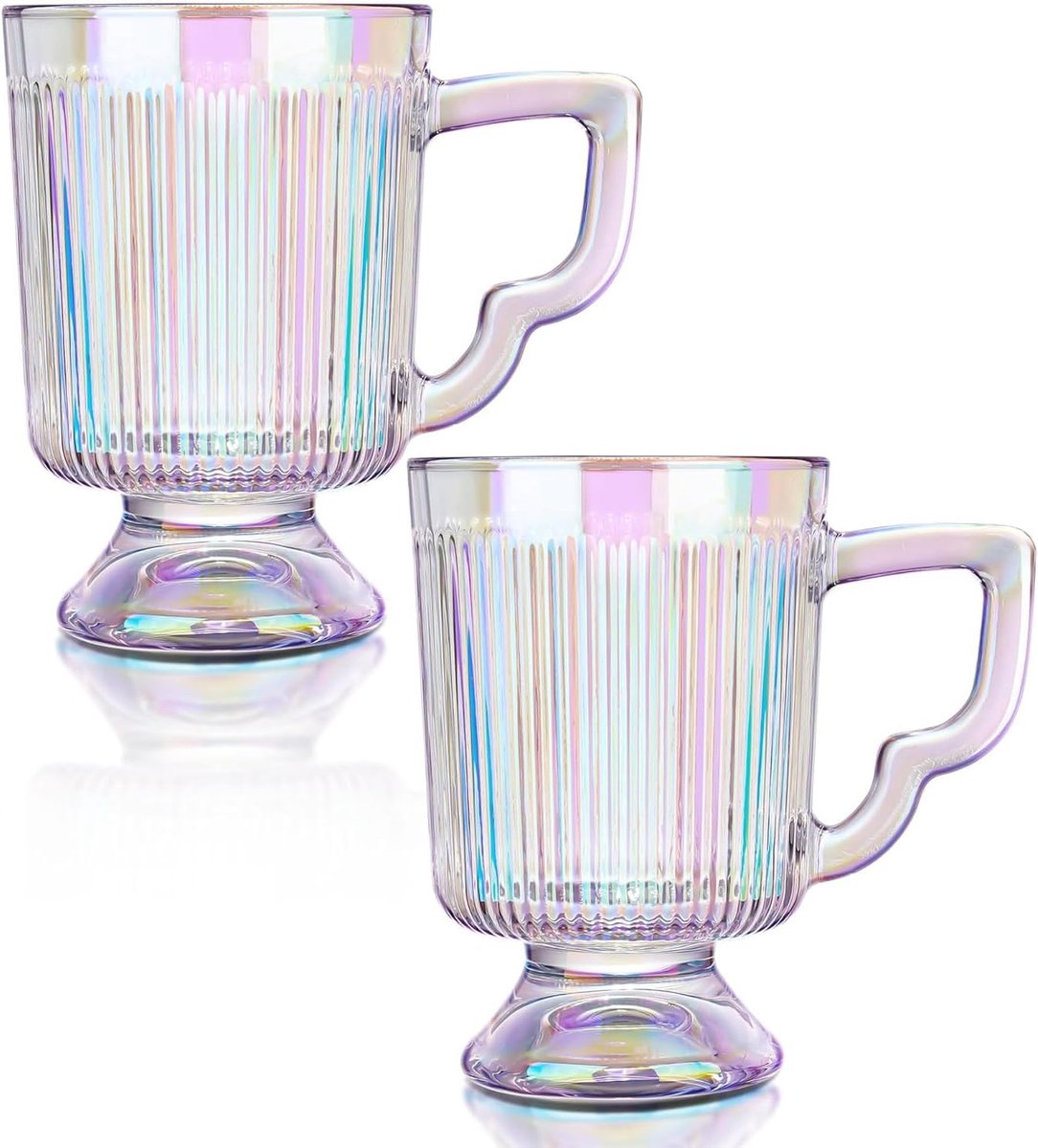 Iriserende glazen koffiemokken, vintage geribbelde koffiekopjes met handvat, thee latte cappuccino espresso melk kopjes, regenboog drinkglazen, 12 oz, set van 2