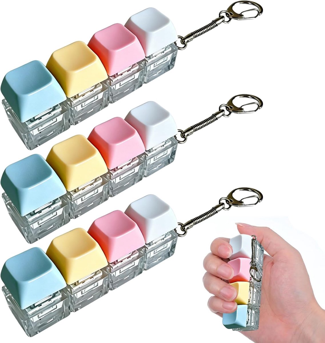 3 Stuks Fidget Toetsenbord Sleutelhanger met 4 Gekleurde Toetsen –