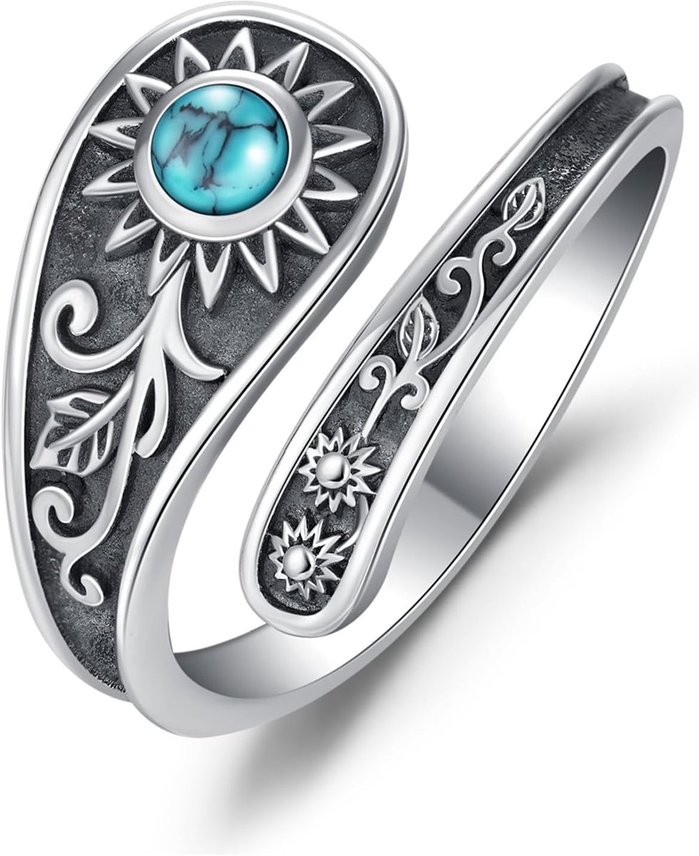 Zonnebloemring, turquoise, lepelring, 925 sterling zilver