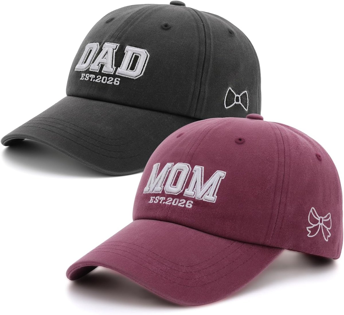 Lot de 2 Dad Mom Est 2026,Casquette de Baseball Réglable 3D Brodée