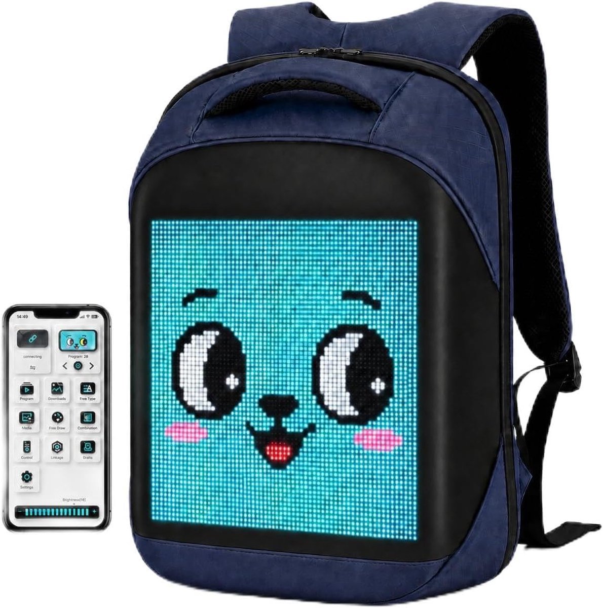 Led-rugzak met programmeerbaar scherm, laptoprugzak met app-bediening, 17 inch waterdichte led-boekentas, reizen, motortas, scooterrugzak, blauw (powerbank niet inbegrepen)