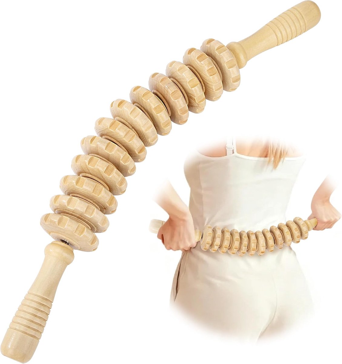 Houten massageroller met handvat - beukenhout - ergonomisch design - spierontspanning - ShopVlot