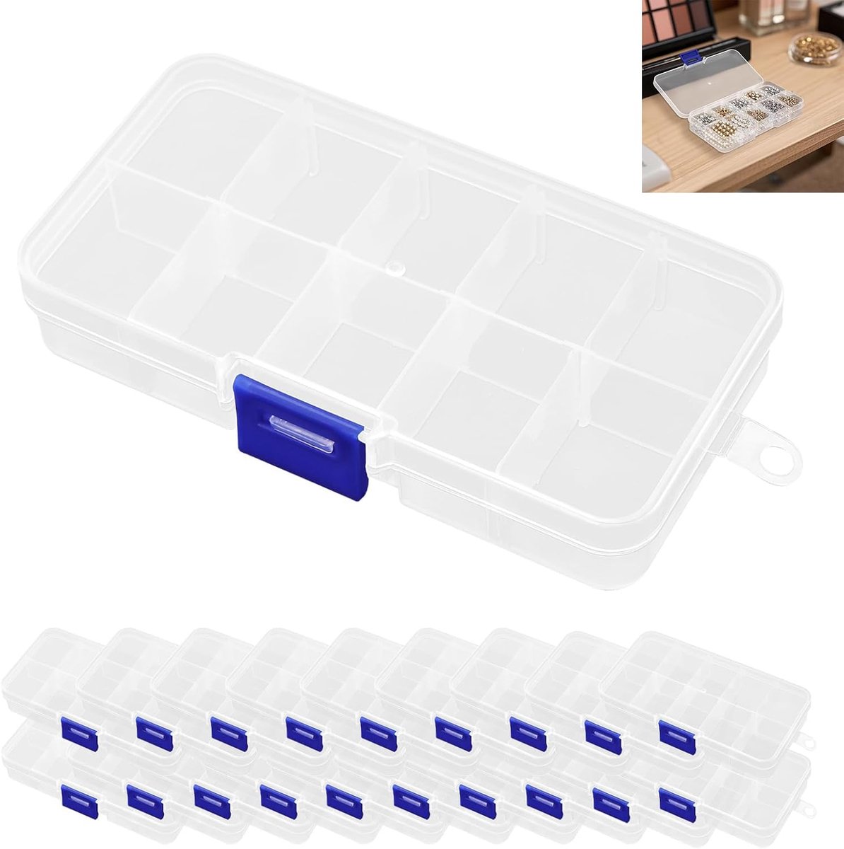 SnelShoppen - 20 Stuks 10 Vaks Kralen Opbergdoos, 5 x 2,6 x 0,8 Inch Plastic Organisator Box, Doorzichtig Kralen Opbergdozen voor Kunst, Doe-Het-Zelf,