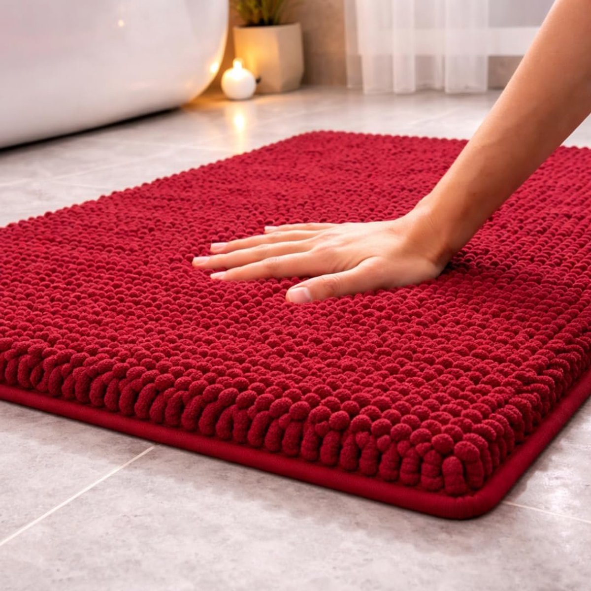 SnelShoppen - Badmat "Noodles" - 80 x 50 cm, rood, antislip badmat, wasbaar, zacht, absorberend, voor badkamer, comfortabele vloerbedekking