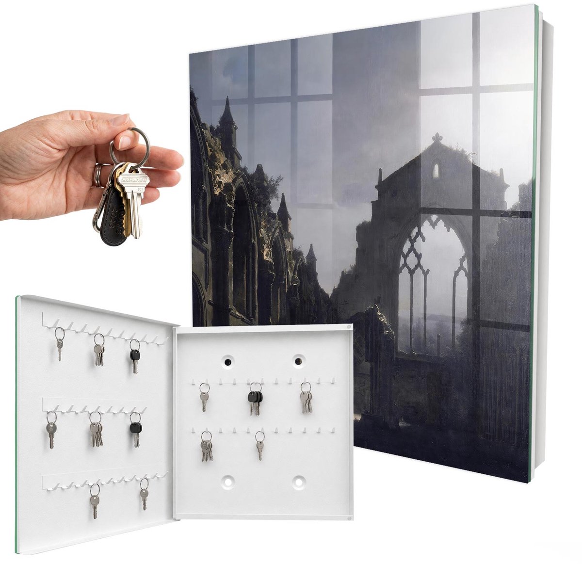 WallMuralia - Sleutelkast - 30x30x5 cm - met 50 haken - Mysterieuze Ruïnes Sleutelkastje Muur - Grijs Sleutelbox - Linksopenend - Wit interieur