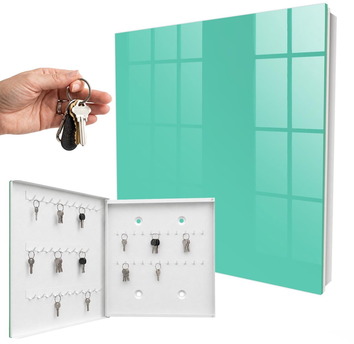 WallMuralia - Sleutelkast - 30x30x5 cm - met 50 haken - Sterke Munt Sleutelkastje Klein - Turkoois Sleutelbox - Linksopenend - Wit interieur