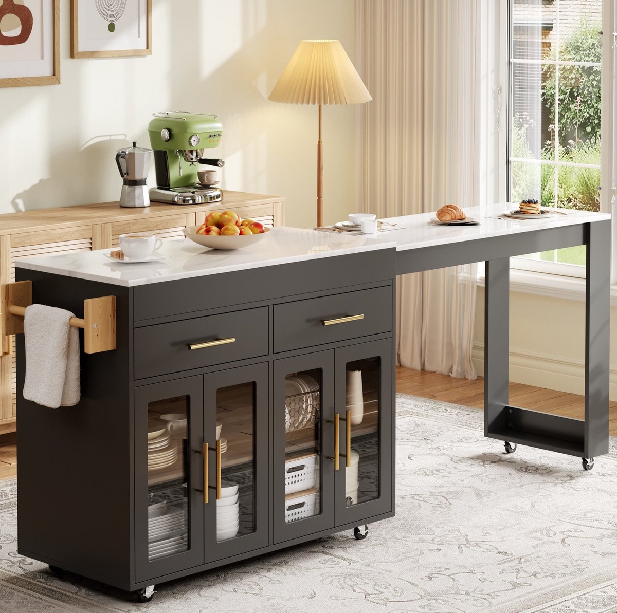 Mobiele Keukenkast – Uitrekbaar Werkblad – 132,5-217 x 50 x 93 cm – MDF – Zwart – Met Wielen