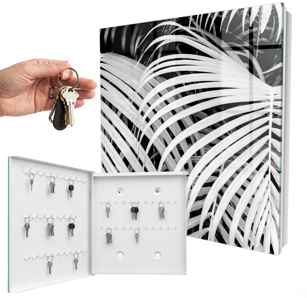 WallMuralia - Sleutelkast - 30x30x5 cm - met 50 haken - Palmbladeren Sleutelkastje Klein - Wit Sleutelbox - Linksopenend - Wit interieur