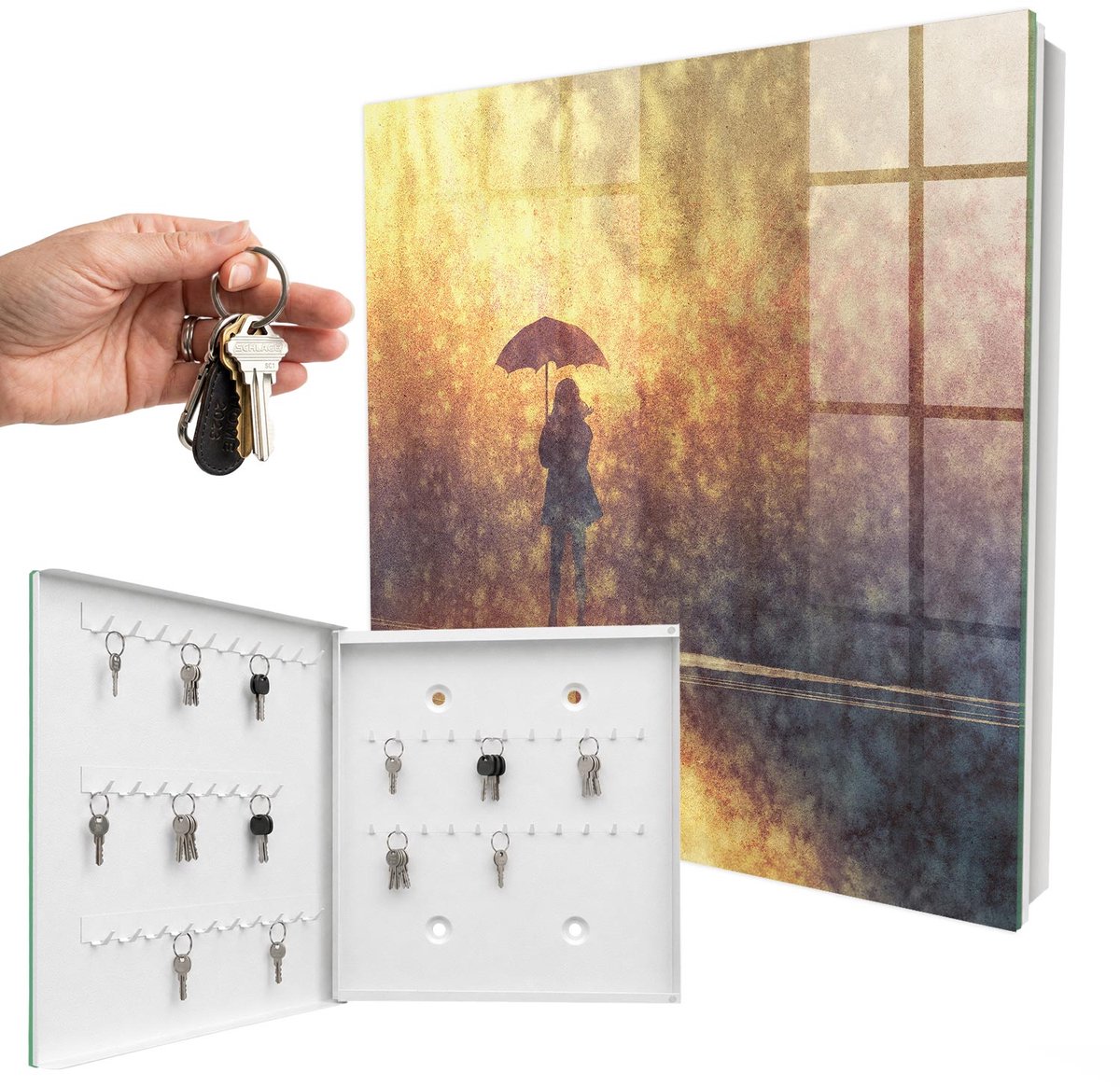 WallMuralia - Sleutelkast - 30x30x5 cm - met 50 haken - Warme Melancholie Sleutelkastje - Geel Sleutelbox - Linksopenend - Wit interieur