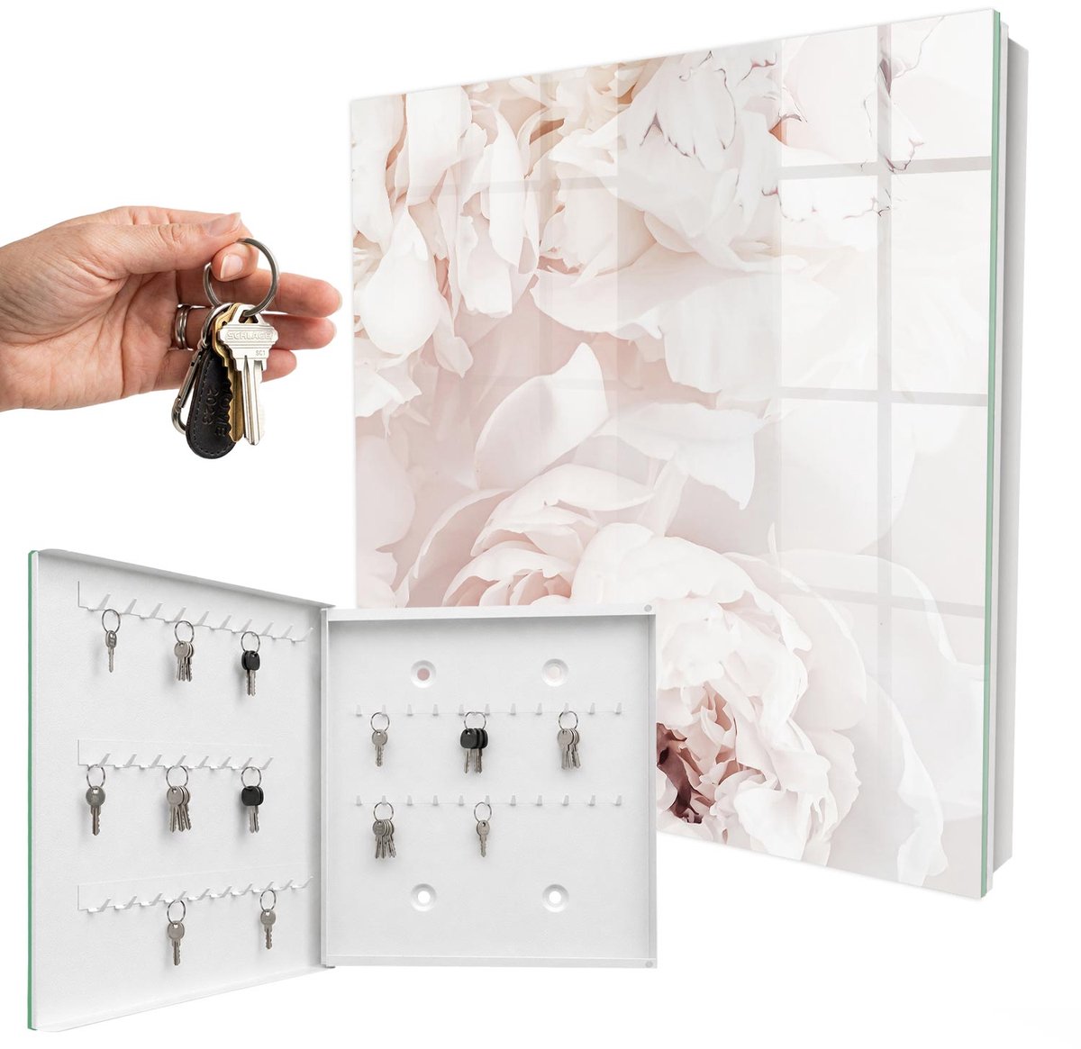 WallMuralia - Sleutelkast - 30x30x5 cm - met 50 haken - Subtiele Elegantie Sleutelkastje Design - Wit Sleutelbox - Linksopenend - Wit interieur
