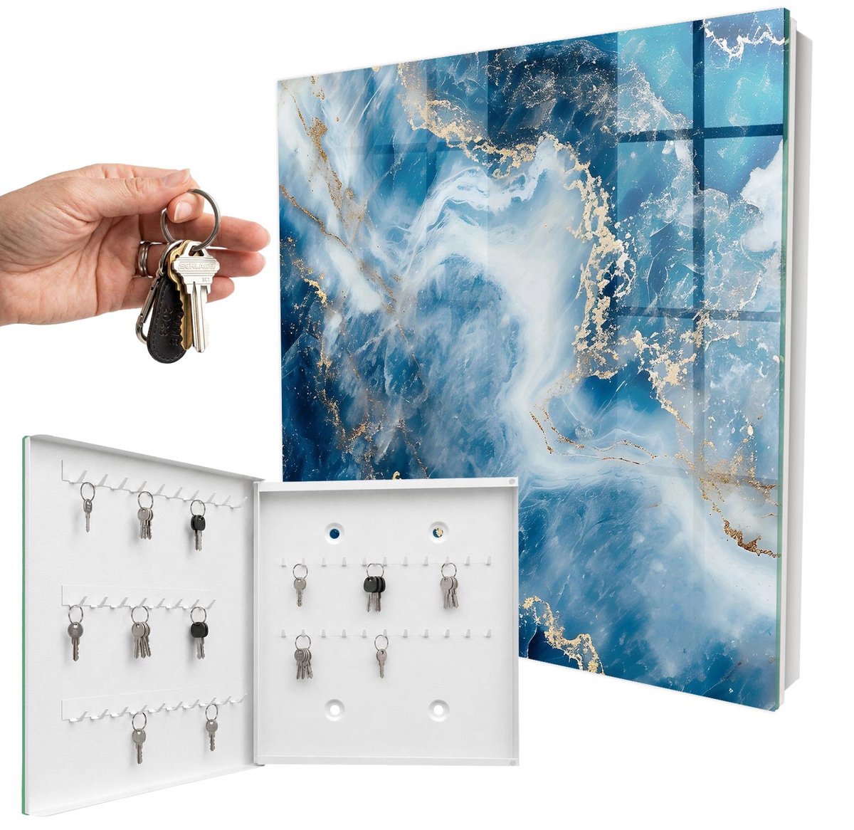 WallMuralia - Sleutelkast - 30x30x5 cm - met 50 haken - Dromerige Abstractie Sleutelkastje - Blauw Sleutelbox - Linksopenend - Wit interieur