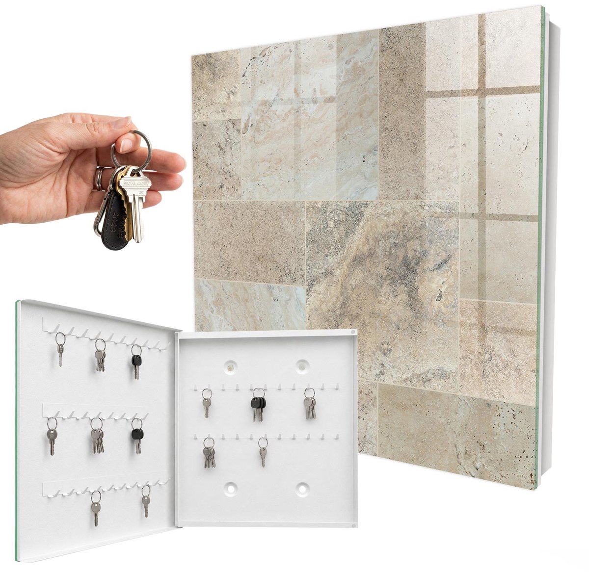 WallMuralia - Sleutelkast - 30x30x5 cm - met 50 haken - Marmeren Tegels Sleutelkastje Industrieel - Beige Sleutelbox - Linksopenend - Wit interieur