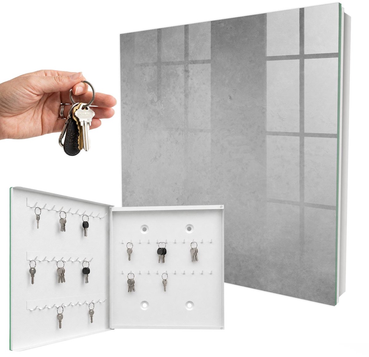 WallMuralia - Sleutelkast - 30x30x5 cm - met 50 haken - Grijze Abstractie Sleutelkastje Voor Binnen - Grijs Sleutelbox - Linksopenend - Wit interieur