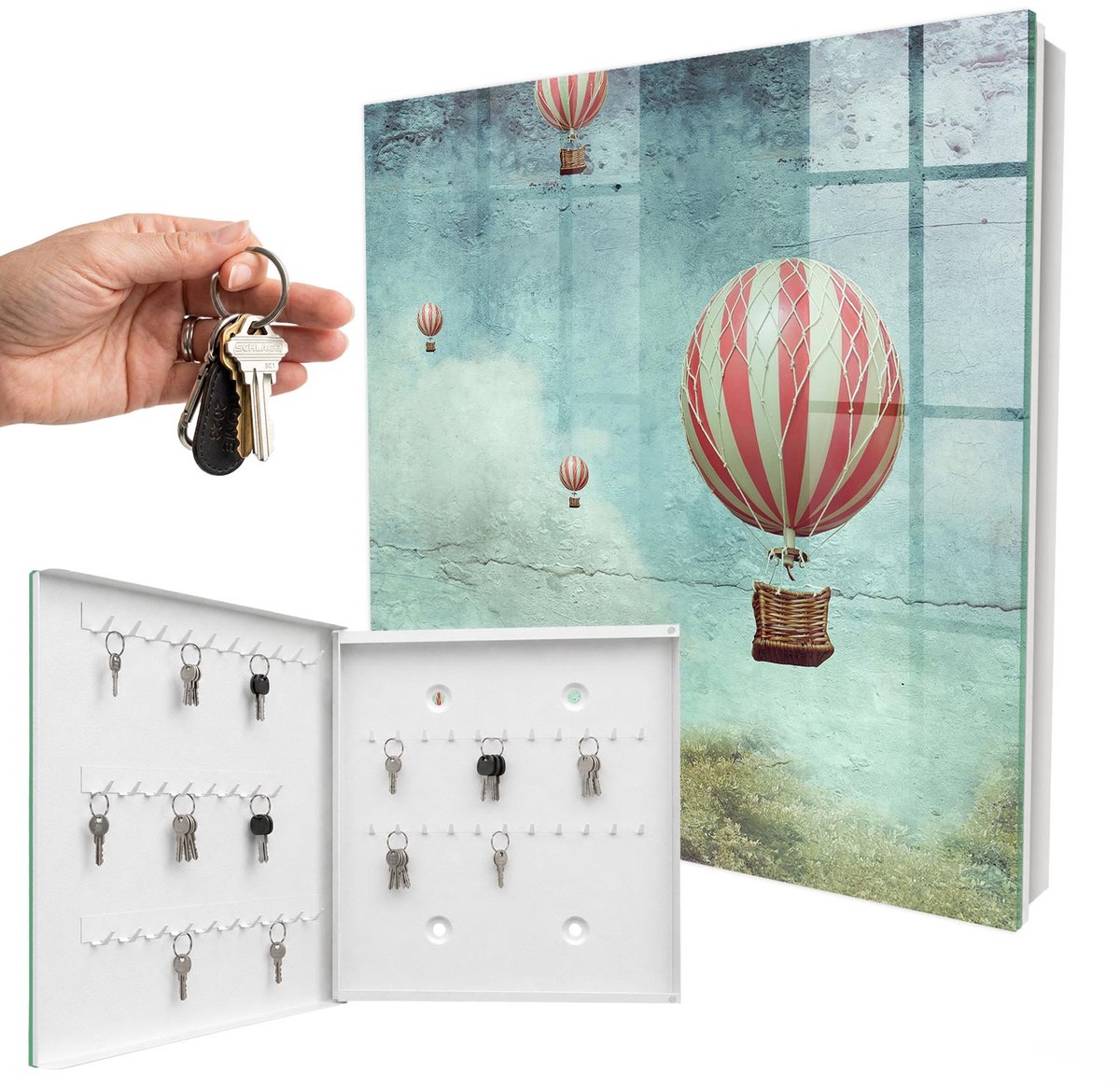 WallMuralia - Sleutelkast - 30x30x5 cm - met 50 haken - Luchtdromen Sleutelkastje Landelijk - Blauw Sleutelbox - Linksopenend - Wit interieur